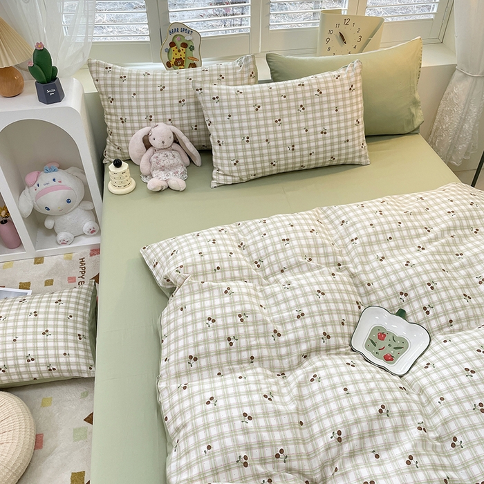 91家纺网 家纺一手货源 找家纺 宜家坊 2025新款全棉13070单床单床笠纯棉单品枕套床笠床单（有预缩尺寸 售后无忧 免费提供买家秀） 樱桃格子绿