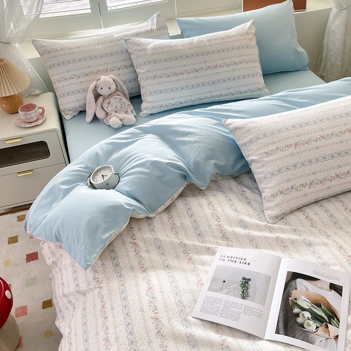 91家纺网 家纺一手货源 找家纺 宜家坊 2025热款全棉四件套学生床三件套单品床单床笠单被套印花小清新卡通碎花纯棉三四件套 水苏花条纹