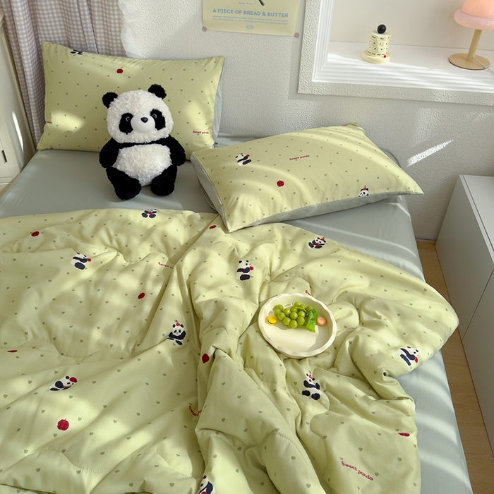 91家纺网 家纺一手货源 找家纺 弗苓家纺 2025 A类有氧针织双层纱夏被四件套直播爆款 熊猫胖胖-绿