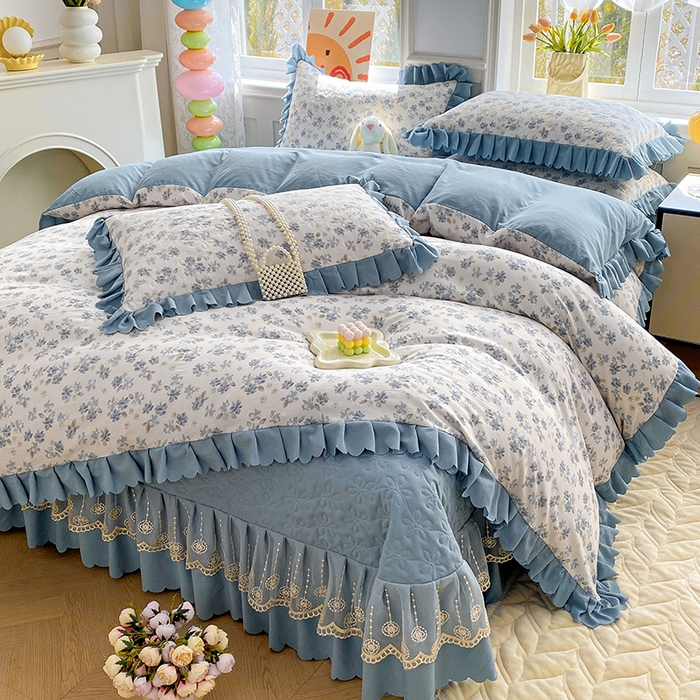 91家纺网 家纺一手货源 找家纺 提花大世界 2025直播热款A类针织棉双层纱夹棉床盖床裙花边单件三件四件套 畅游花海