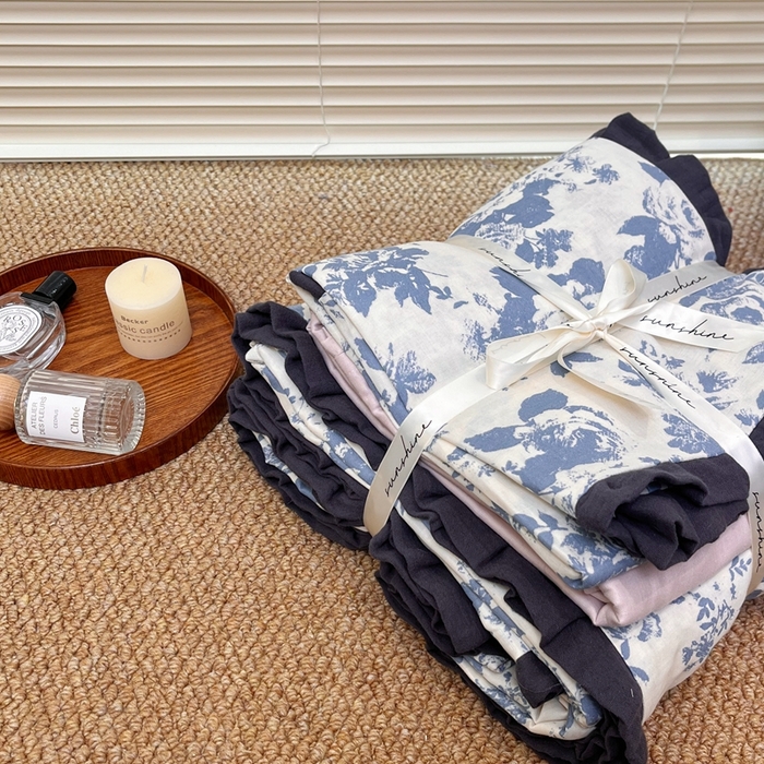 91家纺网 家纺一手货源 找家纺 荣轩 2024新款全棉印花双层纱四件套 皱皱纱花边款 向晚