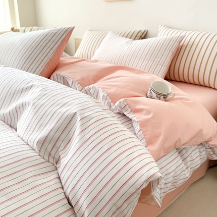梦舒羽 2025新款40支13372全棉纯棉简约时尚四件套宿舍三件套 条纹粉