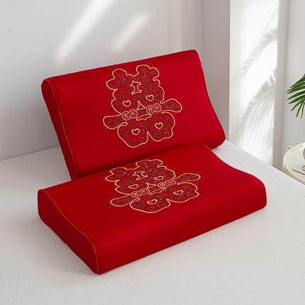 萌番宝 2025全棉刺绣新婚庆乳胶枕芯大红色结婚用枕头女方陪嫁送礼纯棉单人枕 大囍