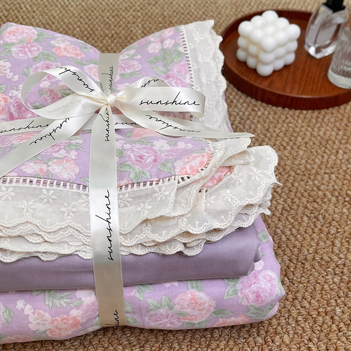 91家纺网 家纺一手货源 找家纺 荣轩家居 2025新款全棉双层纱镂空花边工艺款四件套 漫梨