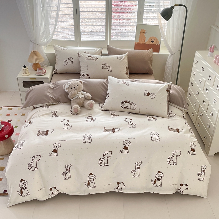 91家纺网 家纺一手货源 找家纺 宜家坊 2025热款全棉四件套学生床三件套单品床单床笠单被套印花小清新卡通碎花纯棉三四件套 休闲狗