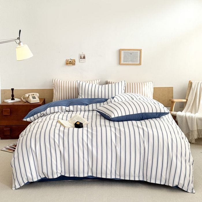 91家纺网 家纺一手货源 找家纺 梦舒羽 2025新款40支13372全棉纯棉简约时尚四件套宿舍三件套 条纹蓝