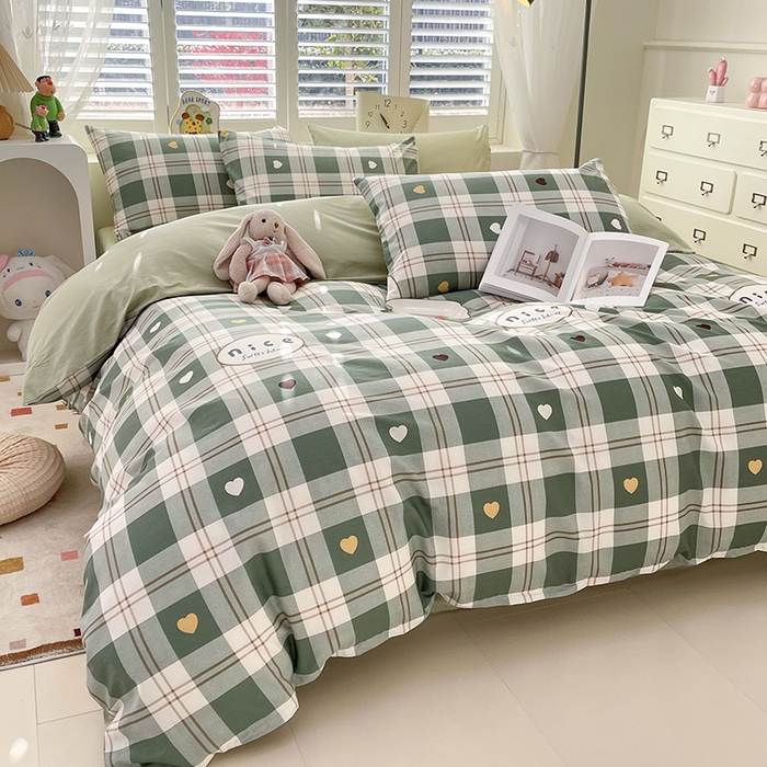 91家纺网 家纺一手货源 找家纺 宜家坊 2025热款全棉四件套学生床三件套单品床单床笠单被套印花小清新卡通碎花纯棉三四件套 爱心格绿