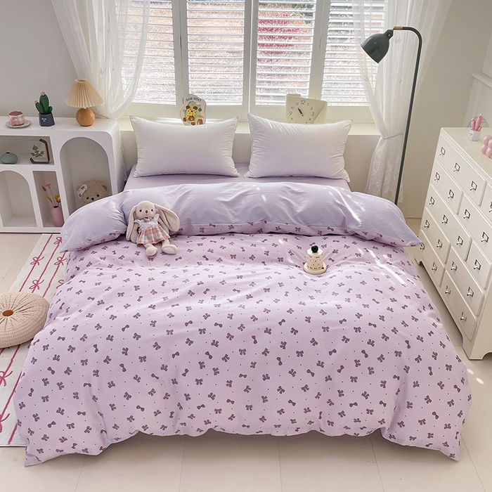 91家纺网 家纺一手货源 找家纺 宜家坊 2025热款全棉四件套学生床三件套单品床单床笠单被套印花小清新卡通碎花纯棉三四件套 紫色蝴蝶结