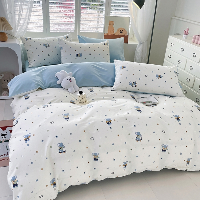 91家纺网 家纺一手货源 找家纺 宜家坊 2025热款全棉四件套学生床三件套单品床单床笠单被套印花小清新卡通碎花纯棉三四件套 波点小象