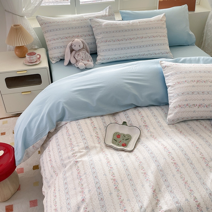 91家纺网 家纺一手货源 找家纺 宜家坊 2025热款全棉四件套学生床三件套单品床单床笠单被套印花小清新卡通碎花纯棉三四件套 水苏花条纹