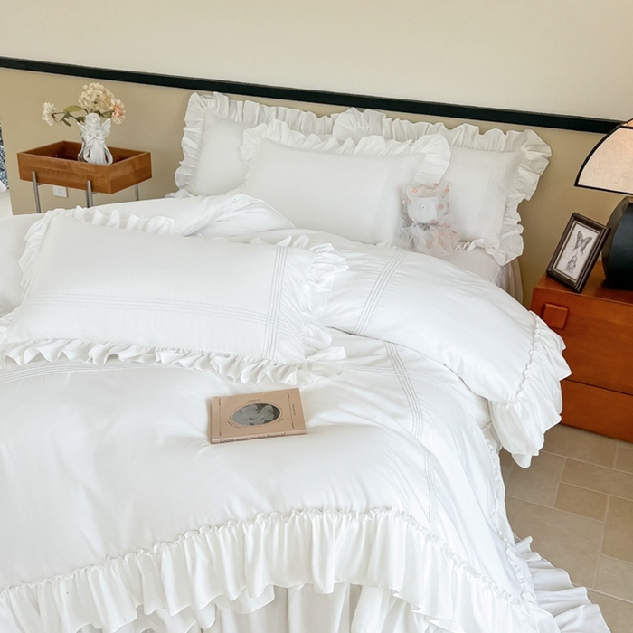 91家纺网 家纺一手货源 找家纺 乐卧家居2026新款法式浪漫经典直条褶边双层荷叶边四件套飘逸系列 飘逸-白