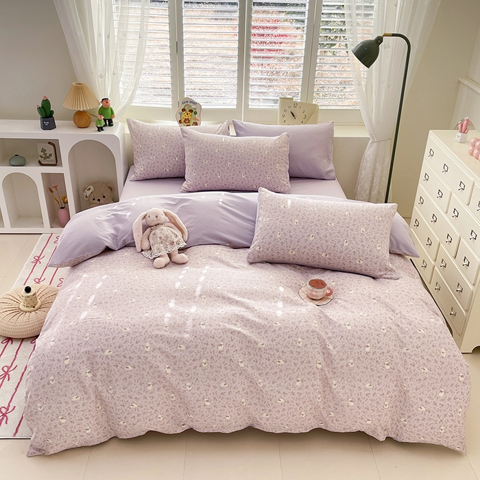 91家纺网 家纺一手货源 找家纺 宜家坊 2025全棉13070单被套印花小清新卡通碎花纯棉单品被套枕套（有预缩售后无忧 免费提供买家秀） 紫色小兔