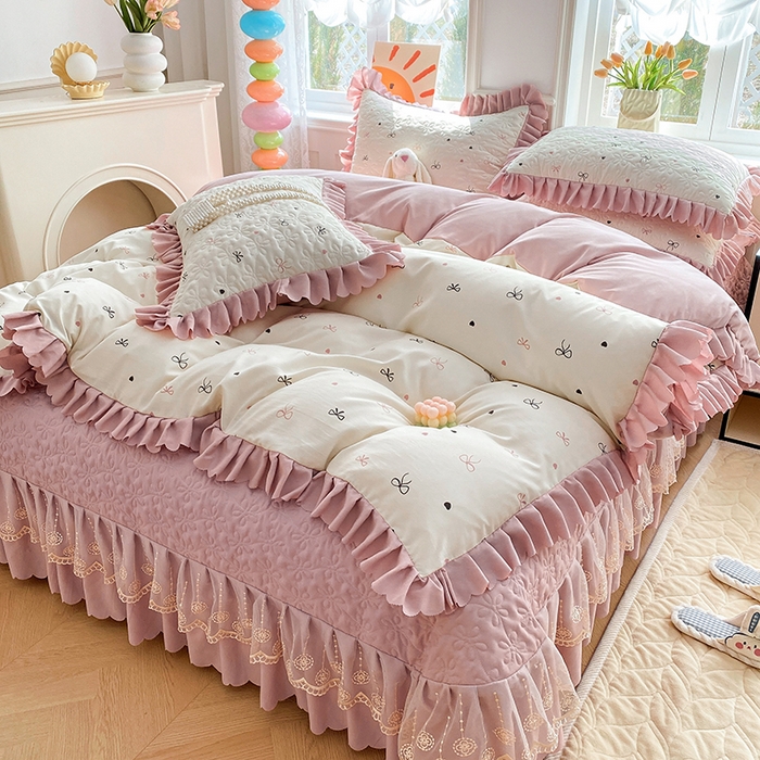 91家纺网 家纺一手货源 找家纺 （总）提花大世界 2025直播热款A类针织棉双层纱夹棉床盖床裙花边单件三件四件套