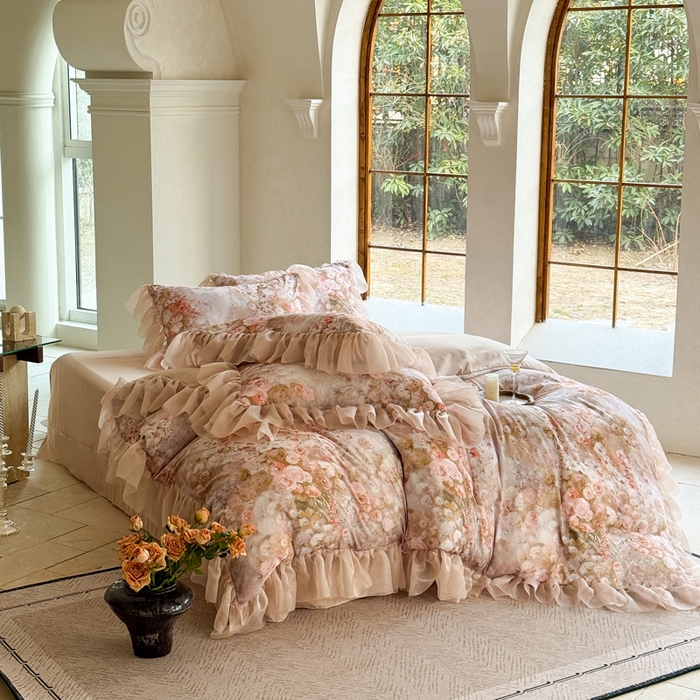 91家纺网 家纺一手货源 找家纺 仟网汇 2025新款韩版棉代尔法式四件套 清风晓