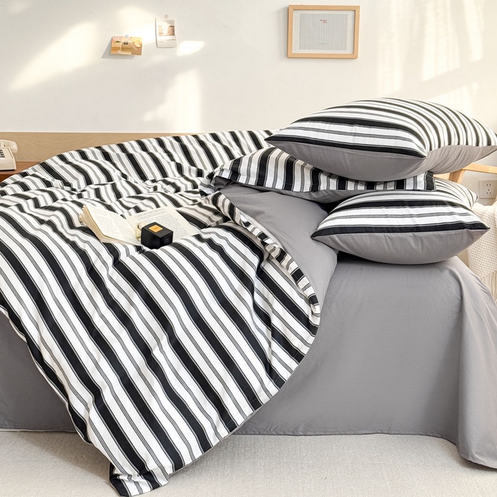 91家纺网 家纺一手货源 找家纺 梦舒羽 2025新款40支13372全棉纯棉简约时尚四件套宿舍三件套 条纹黑