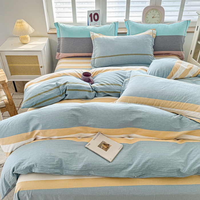 91家纺网 家纺一手货源 找家纺 喜四方 2025新款全棉色织水洗棉四件套 往事-绿