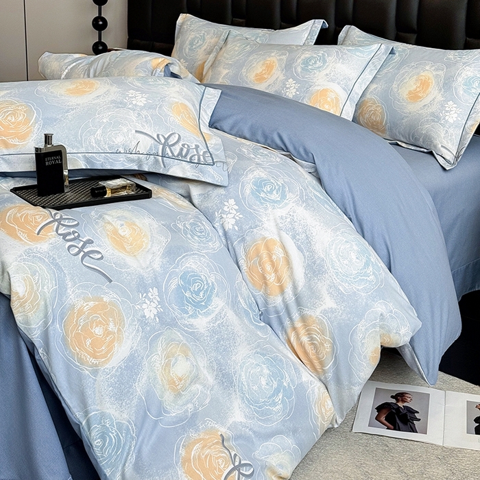 91家纺网 家纺一手货源 找家纺 海洋家纺 2025新款全棉磨毛四件套 花香满园 蓝