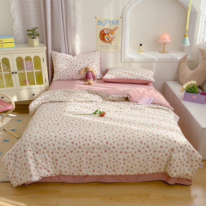 91家纺网 家纺一手货源 找家纺 弗苓家纺 2025 A类有氧针织双层纱夏被四件套直播爆款 复古玫瑰