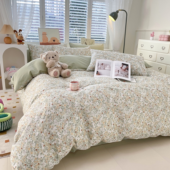 91家纺网 家纺一手货源 找家纺 宜家坊 2025热款全棉四件套学生床三件套单品床单床笠单被套印花小清新卡通碎花纯棉三四件套 繁花似锦绿