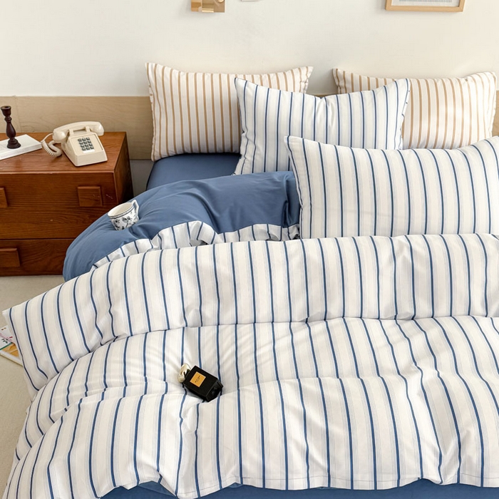 91家纺网 家纺一手货源 找家纺 梦舒羽 2025新款40支13372全棉纯棉简约时尚四件套宿舍三件套 条纹蓝