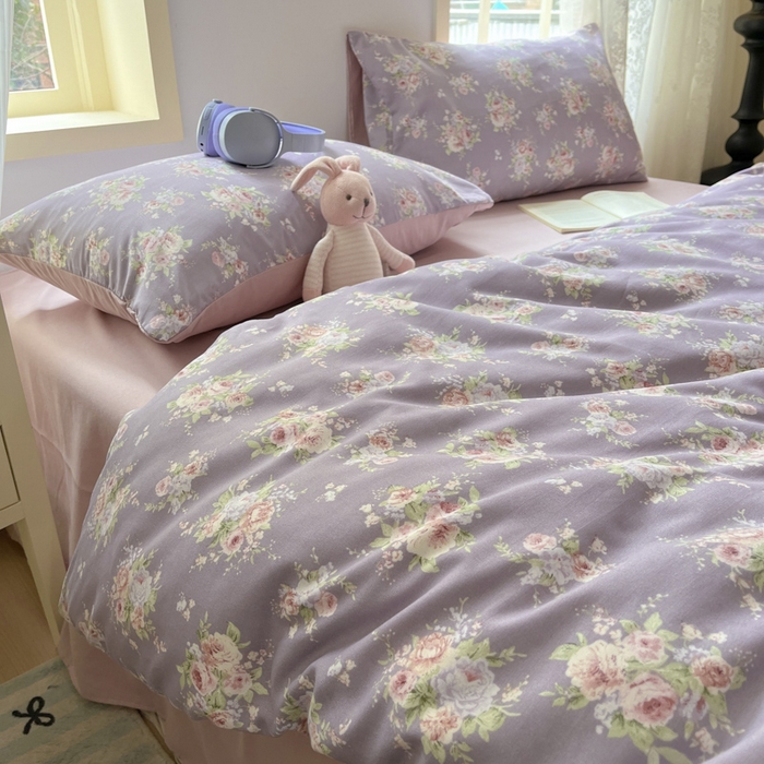 91家纺网 家纺一手货源 找家纺 悦织湾家纺 2025新款A类针织双层纱四件套轻奢时尚床上用品三四件套直播电商热销款 紫萱