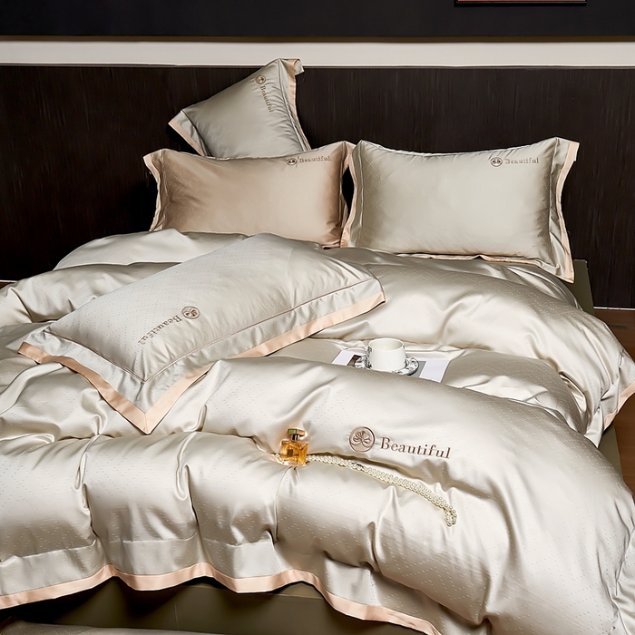 91家纺网 家纺一手货源 找家纺 U品汇 2025新款60支双股120s天丝棉提花莱赛尔纤维刺绣花四件套纯棉全棉凉感丝滑（罗宾） 罗宾-香槟色