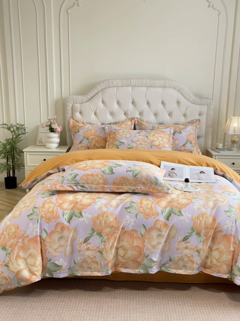 91家纺网 家纺一手货源 找家纺 海洋家纺 2025新款全棉磨毛四件套 富贵满屏 紫