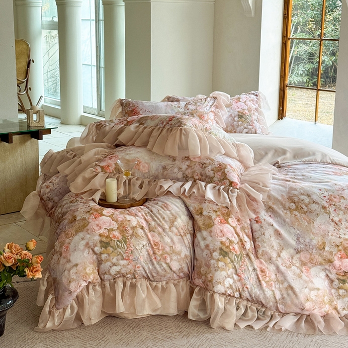 91家纺网 家纺一手货源 找家纺 仟网汇 2025新款韩版棉代尔法式四件套 清风晓