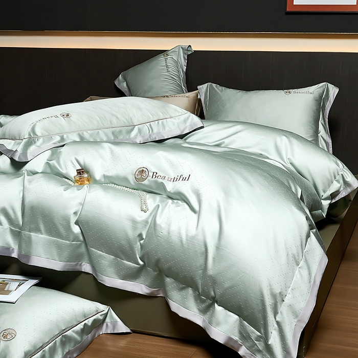 91家纺网 家纺一手货源 找家纺 U品汇 2025新款60支双股120s天丝棉提花莱赛尔纤维刺绣花四件套纯棉全棉凉感丝滑（罗宾） 罗宾-霜叶绿