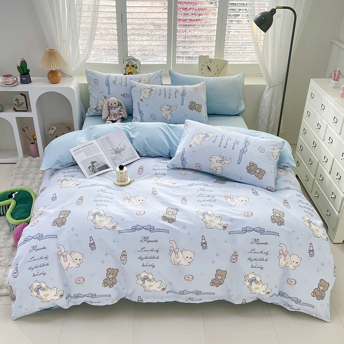 91家纺网 家纺一手货源 找家纺 宜家坊 2025热款全棉四件套学生床三件套单品床单床笠单被套印花小清新卡通碎花纯棉三四件套 爱美的猫