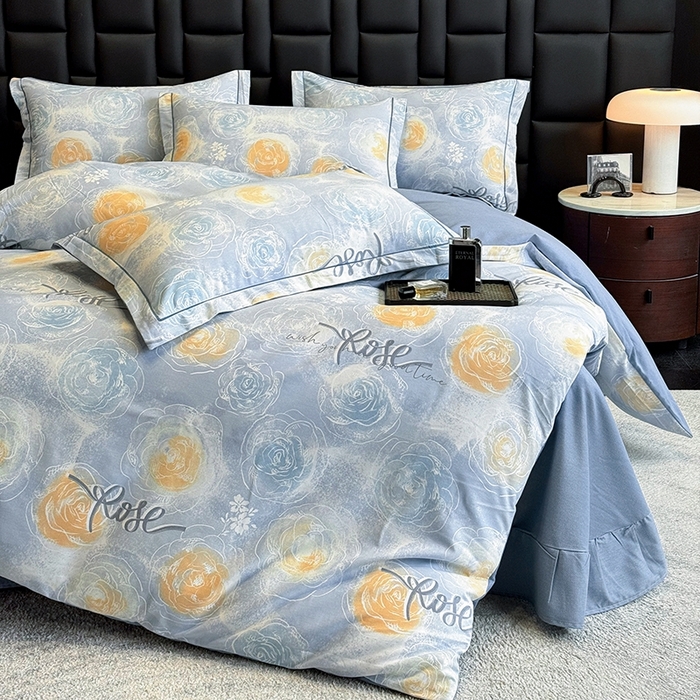 91家纺网 家纺一手货源 找家纺 海洋家纺 2025新款全棉磨毛四件套 花香满园 蓝