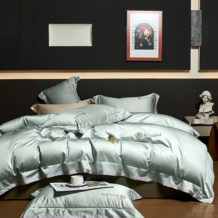 91家纺网 家纺一手货源 找家纺 U品汇 2025新款60支双股120s天丝棉提花莱赛尔纤维刺绣花四件套纯棉全棉凉感丝滑（罗宾） 罗宾-霜叶绿