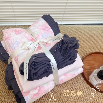 91家纺网 家纺一手货源 找家纺 （总）荣轩 2024新款全棉印花双层纱四件套 皱皱纱花边款