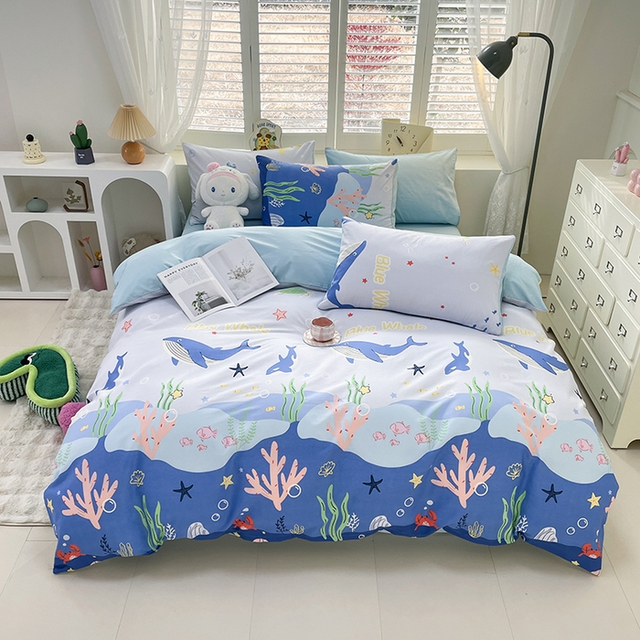 91家纺网 家纺一手货源 找家纺 宜家坊 2025热款全棉四件套学生床三件套单品床单床笠单被套印花小清新卡通碎花纯棉三四件套 鲸鱼