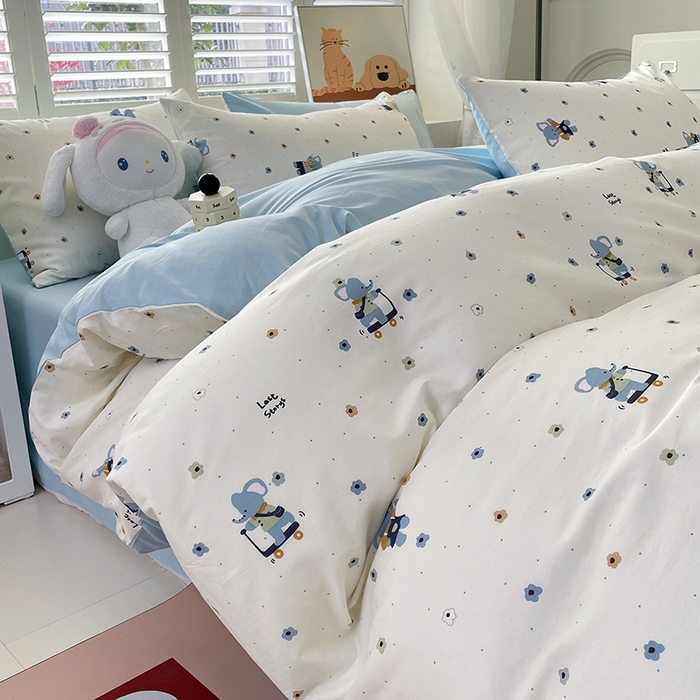 91家纺网 家纺一手货源 找家纺 宜家坊 2025热款全棉四件套学生床三件套单品床单床笠单被套印花小清新卡通碎花纯棉三四件套 波点小象