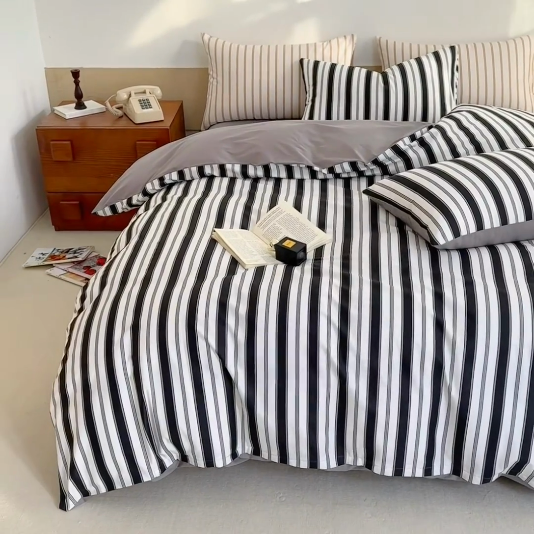 91家纺网 家纺一手货源 找家纺 梦舒羽 2025新款40支13372全棉纯棉简约时尚四件套宿舍三件套 条纹黑