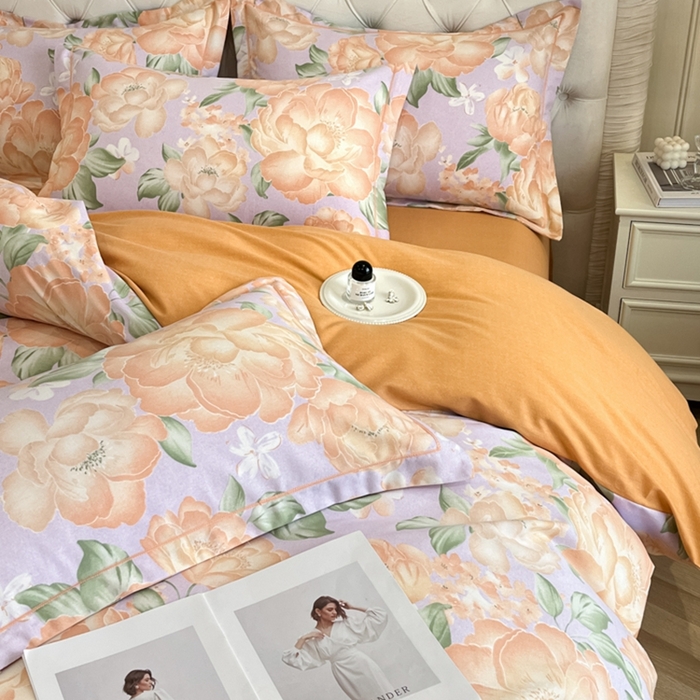 91家纺网 家纺一手货源 找家纺 海洋家纺 2025新款全棉磨毛四件套 富贵满屏 紫