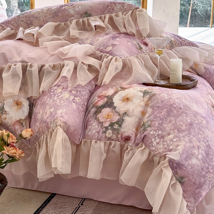 91家纺网 家纺一手货源 找家纺 仟网汇 2025新款韩版棉代尔法式四件套 莫妮卡