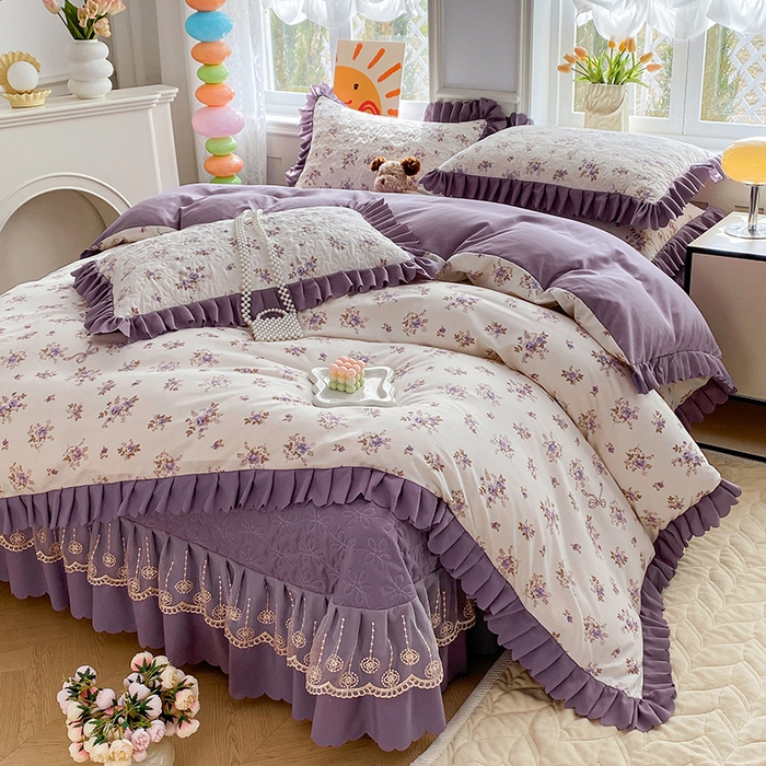 91家纺网 家纺一手货源 找家纺 提花大世界 2025直播热款A类针织棉双层纱夹棉床盖床裙花边单件三件四件套 幽香私语