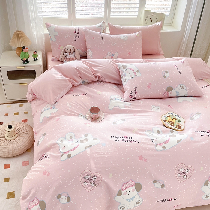 91家纺网 家纺一手货源 找家纺 宜家坊 2025热款全棉四件套学生床三件套单品床单床笠单被套印花小清新卡通碎花纯棉三四件套 兔与狗