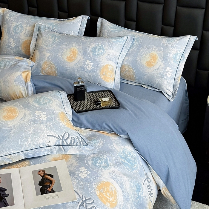 91家纺网 家纺一手货源 找家纺 海洋家纺 2025新款全棉磨毛四件套 花香满园 蓝