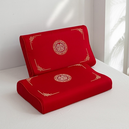 萌番宝 2025全棉刺绣新婚庆乳胶枕芯大红色结婚用枕头女方陪嫁送礼纯棉单人枕 古风囍