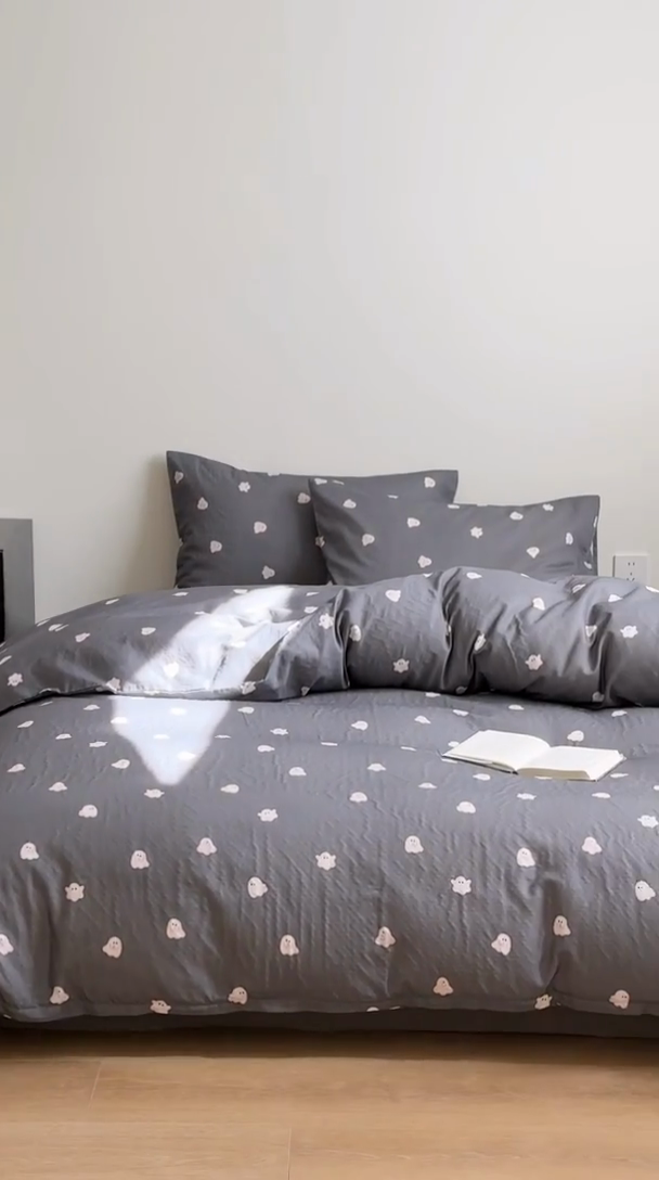 91家纺网 家纺一手货源 找家纺 窝米 2025新品简约时尚双层纱系列四件套 小幽灵灰