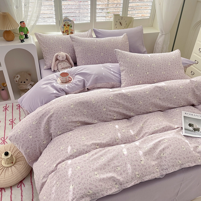 91家纺网 家纺一手货源 找家纺 宜家坊 2025全棉13070单被套印花小清新卡通碎花纯棉单品被套枕套（有预缩售后无忧 免费提供买家秀） 紫色小兔