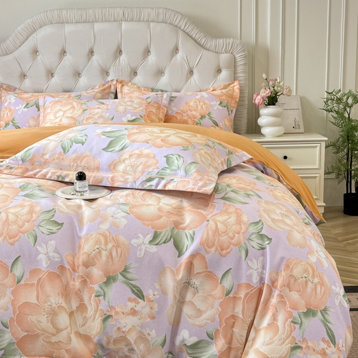 91家纺网 家纺一手货源 找家纺 海洋家纺 2025新款全棉磨毛四件套 富贵满屏 紫