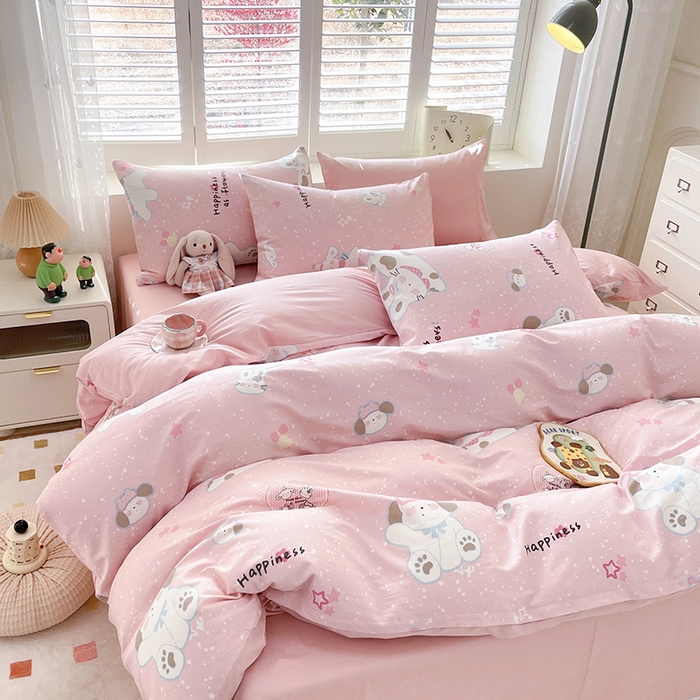 91家纺网 家纺一手货源 找家纺 宜家坊 2025热款全棉四件套学生床三件套单品床单床笠单被套印花小清新卡通碎花纯棉三四件套 兔与狗