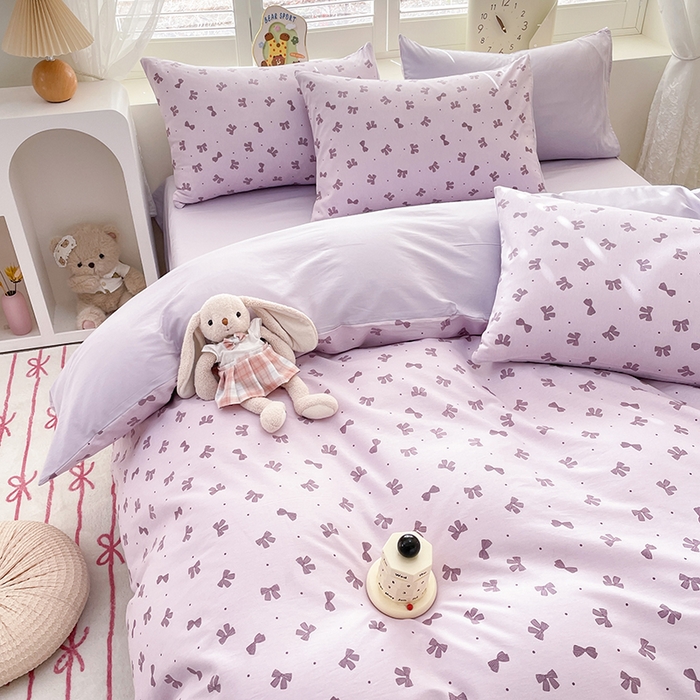 91家纺网 家纺一手货源 找家纺 宜家坊 2025全棉13070单被套印花小清新卡通碎花纯棉单品被套枕套（有预缩售后无忧 免费提供买家秀） 紫色蝴蝶结