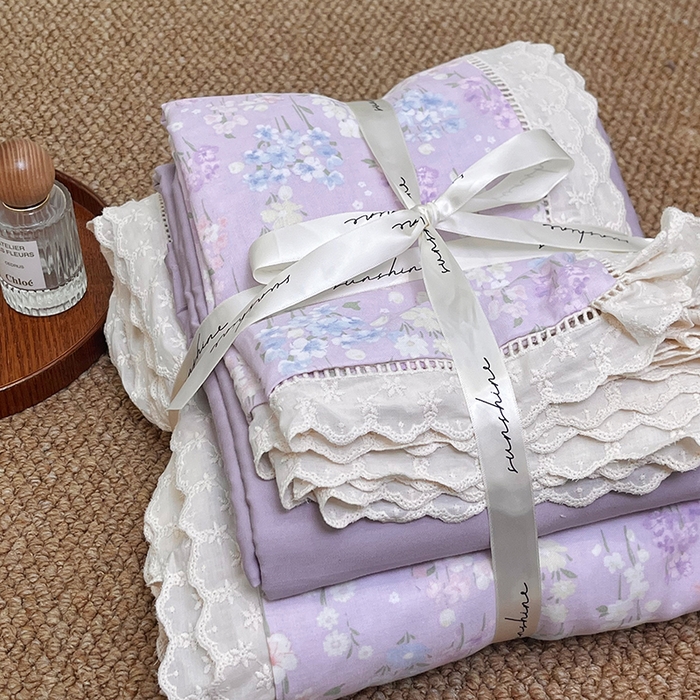 91家纺网 家纺一手货源 找家纺 荣轩家居 2025新款全棉双层纱镂空花边工艺款四件套 春意