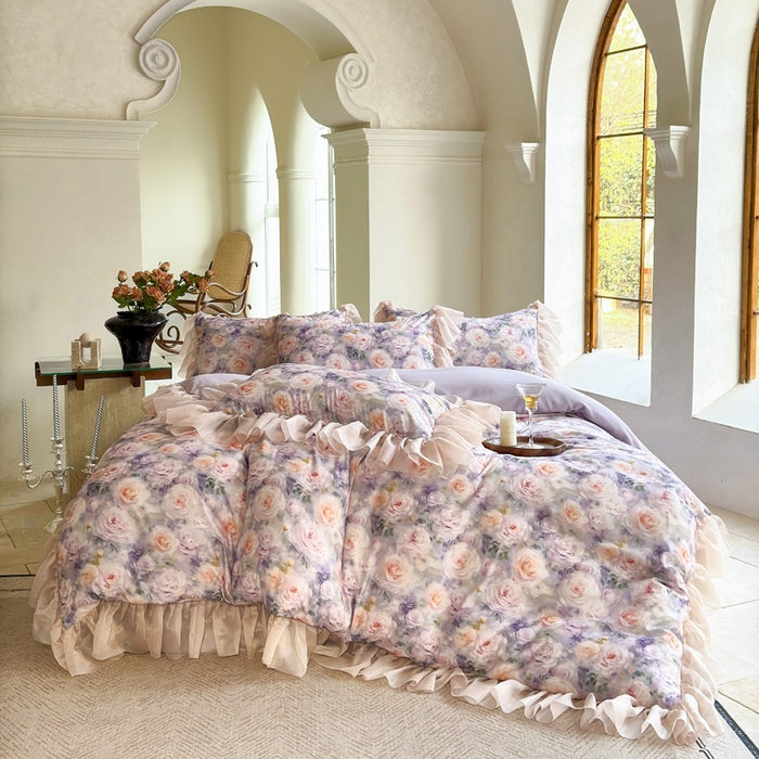 91家纺网 家纺一手货源 找家纺 仟网汇 2025新款韩版棉代尔法式四件套 卡洛琳