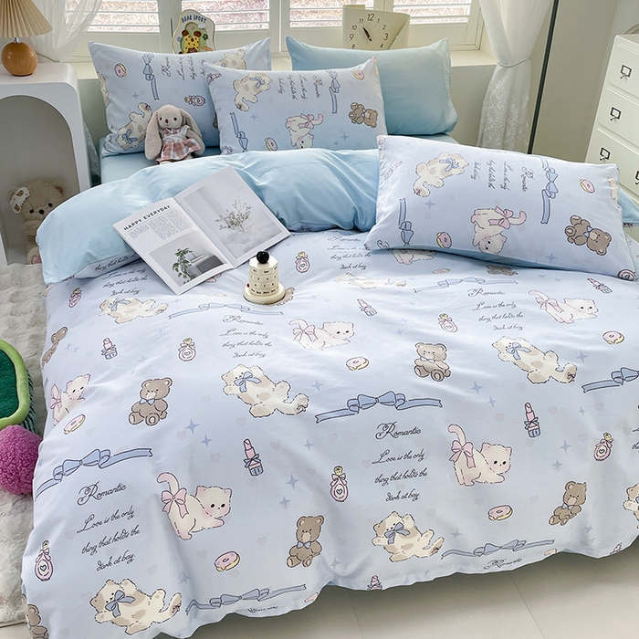 91家纺网 家纺一手货源 找家纺 宜家坊 2025热款全棉四件套学生床三件套单品床单床笠单被套印花小清新卡通碎花纯棉三四件套 爱美的猫